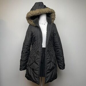 Y2K Faux Fur Hood Puffer Long Coat‎ in Black Size Women's Medium Grunge Winter